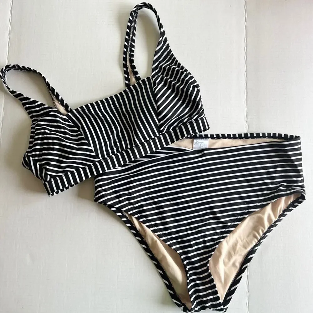 Kona Sol Black & White Stripe Bikini Swimsuit - Picture 1 of 4